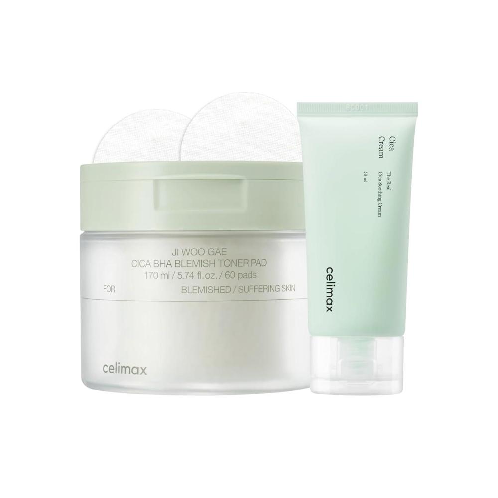 image:imagecelimax JiWooGae Cica BHA Blemish Toner Pad 60 Pads  The Real Cica Soothing Cream 50ml Bundle