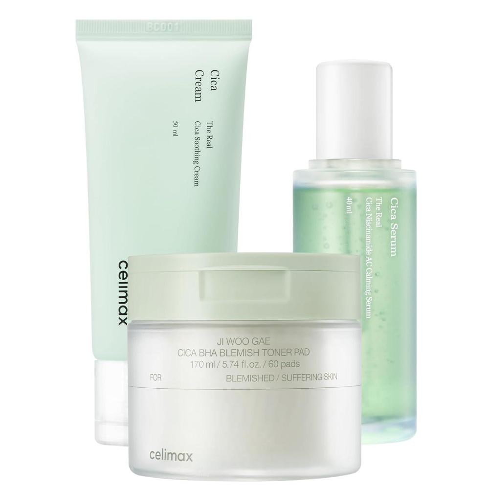 image:imagecelimax JiWooGae Cica BHA Blemish Toner Pad 60 Pads  The Real Cica Niacinamide AC Calming Serum 40ml  The Real Cica Soothing Cream 50ml Bundle