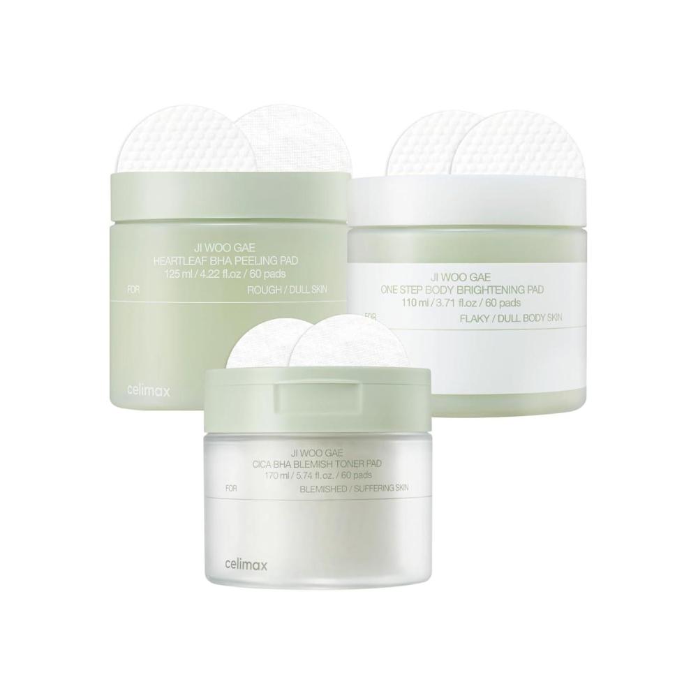 image:imagecelimax JiWooGae Heartleaf BHA Peeling Pad60 pads  ONE STEP Body Brightening Pad 110ml 60 pads  JiWooGae Cica BHA Blemish Toner Pad 60 Pads Bundle